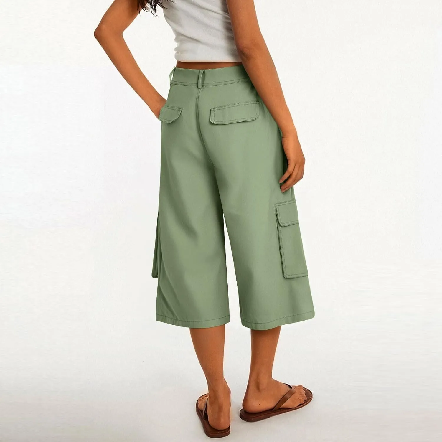 Capri Cargo Pants for Women with Pockets High Waisted Wide Leg Baggy Cargo Capris Casual Vintage Cropped Pants