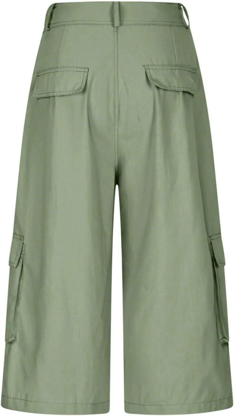 Capri Cargo Pants for Women with Pockets High Waisted Wide Leg Baggy Cargo Capris Casual Vintage Cropped Pants