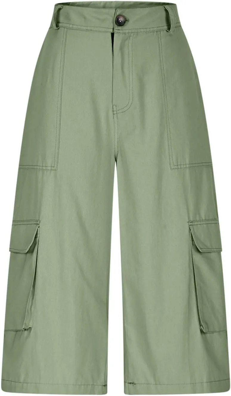 Capri Cargo Pants for Women with Pockets High Waisted Wide Leg Baggy Cargo Capris Casual Vintage Cropped Pants