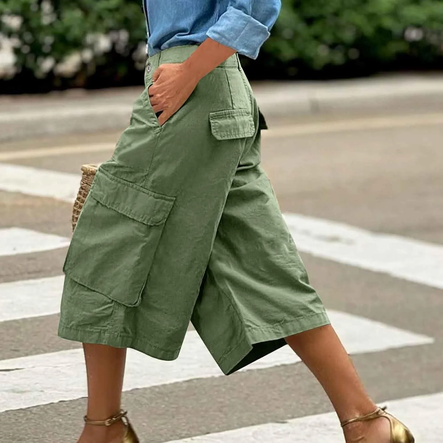 Capri Cargo Pants for Women with Pockets High Waisted Wide Leg Baggy Cargo Capris Casual Vintage Cropped Pants