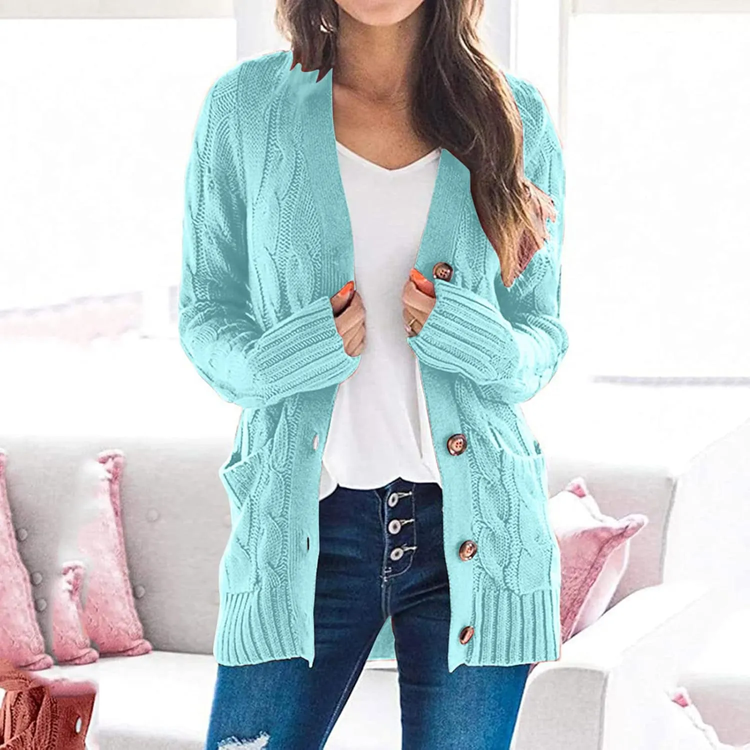 Cardigan Sweaters for Women Chunky Open Front Button Sweater with Pockets Loose Slouchy Oversized Fall Outerwear Coat