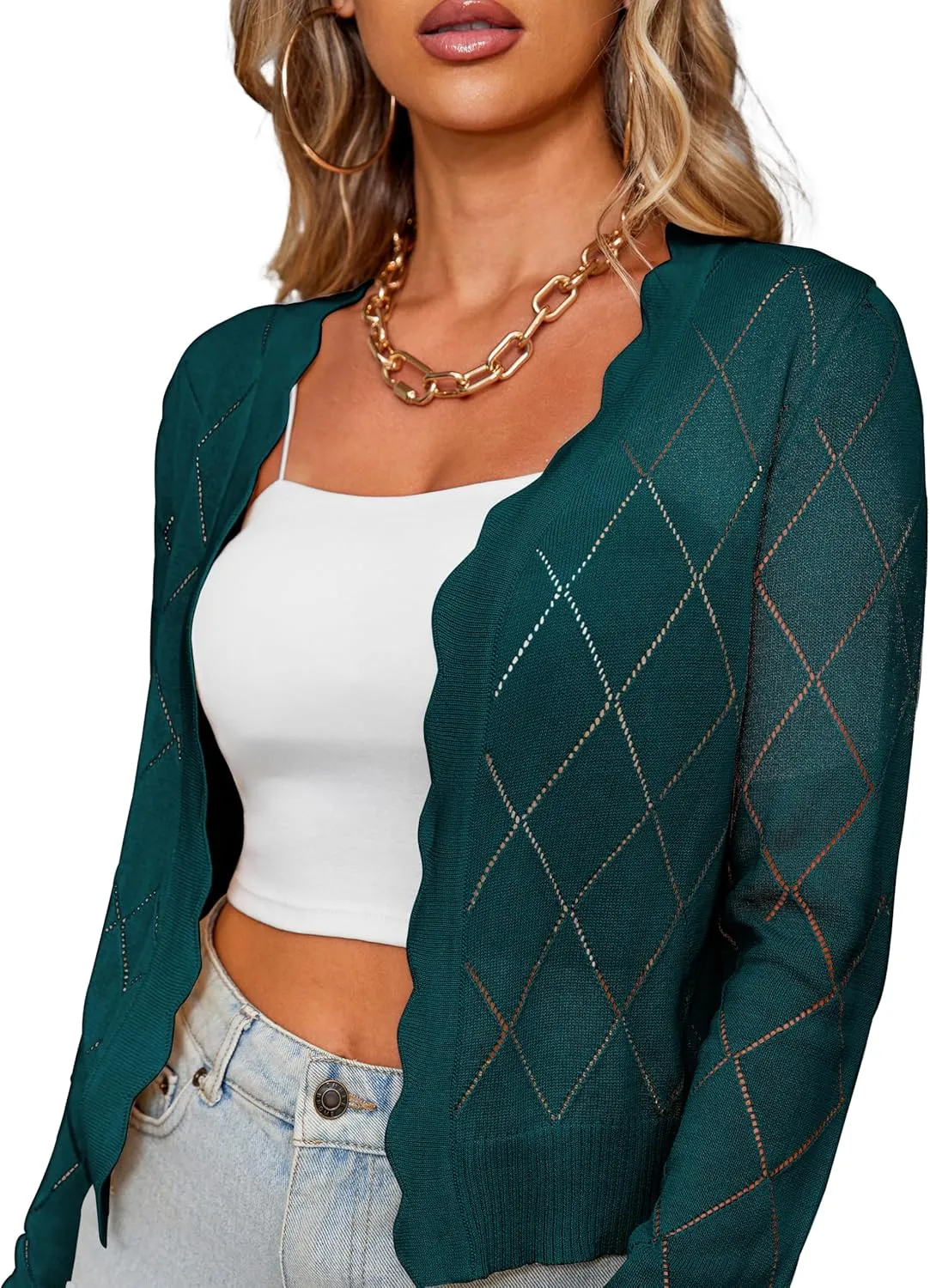 CARDYDONY Women's Long Sleeve Cropped Cardigan Sweaters Open Front Hollow Out Shrugs S-XL