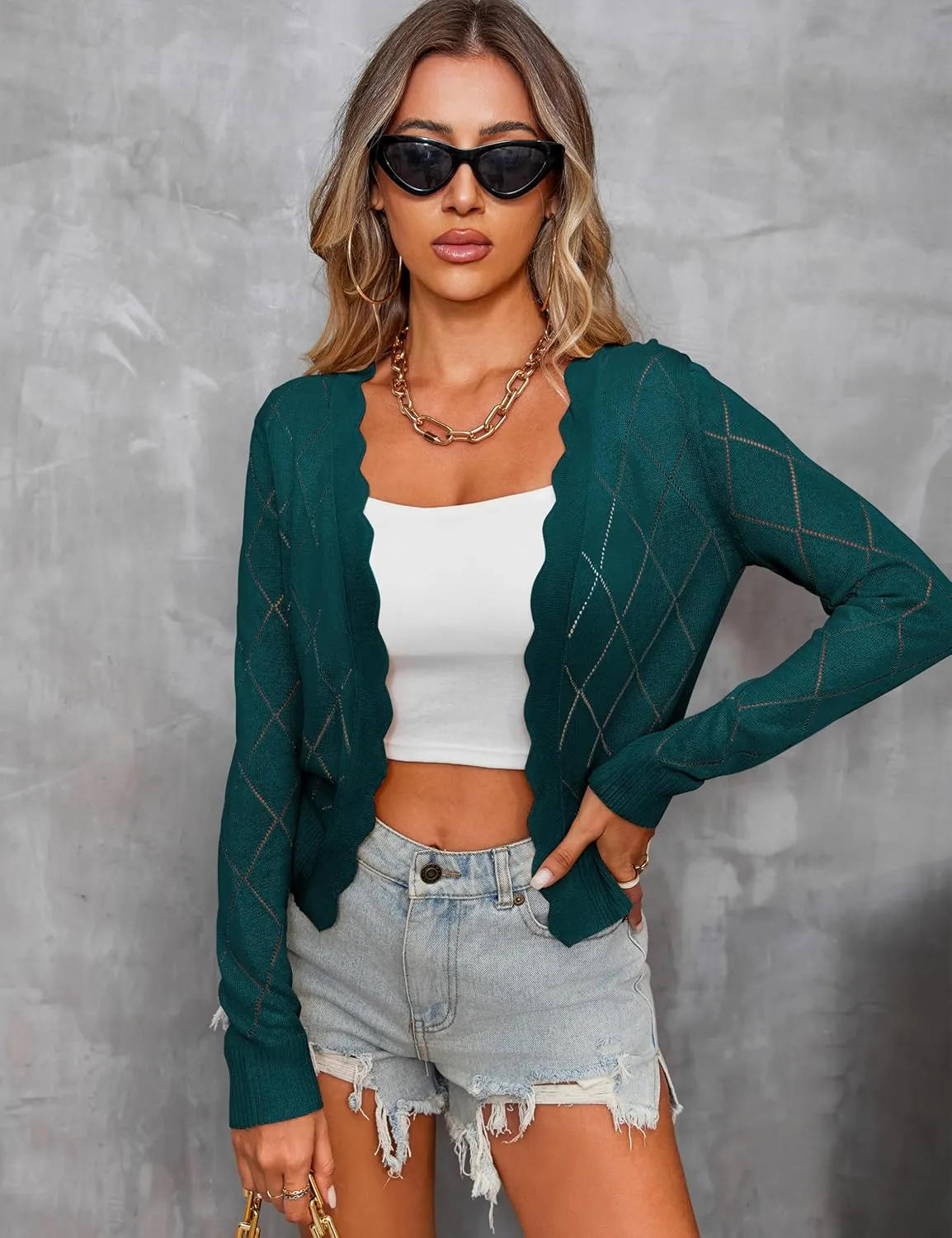 CARDYDONY Women's Long Sleeve Cropped Cardigan Sweaters Open Front Hollow Out Shrugs S-XL