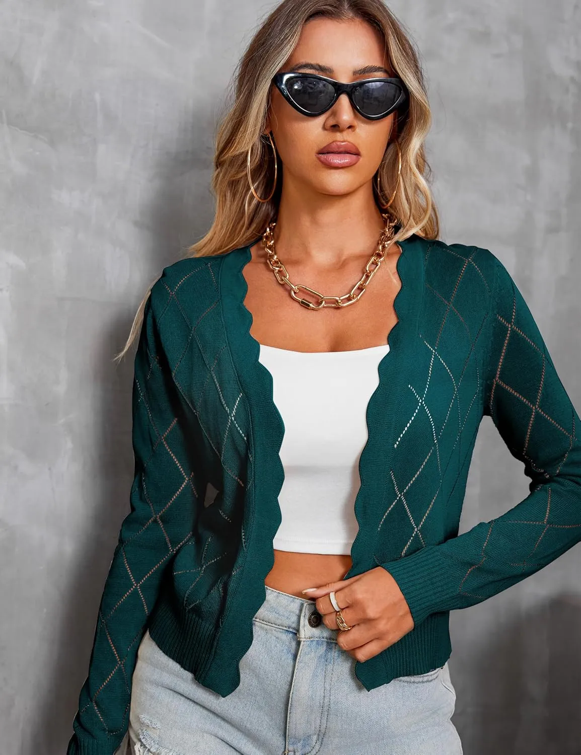 CARDYDONY Women's Long Sleeve Cropped Cardigan Sweaters Open Front Hollow Out Shrugs S-XL