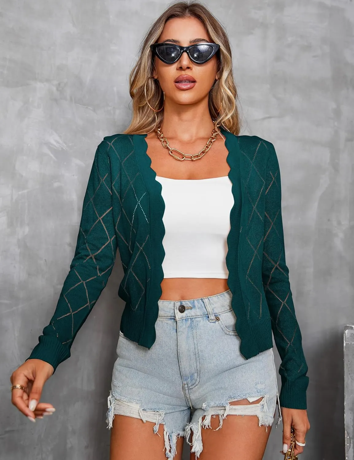 CARDYDONY Women's Long Sleeve Cropped Cardigan Sweaters Open Front Hollow Out Shrugs S-XL
