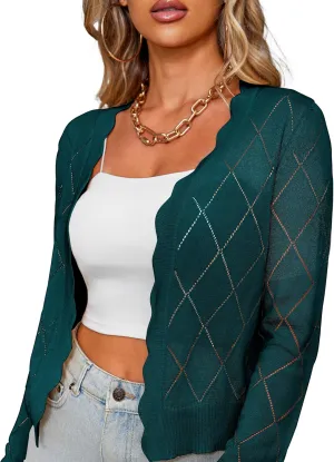 CARDYDONY Women's Long Sleeve Cropped Cardigan Sweaters Open Front Hollow Out Shrugs S-XL