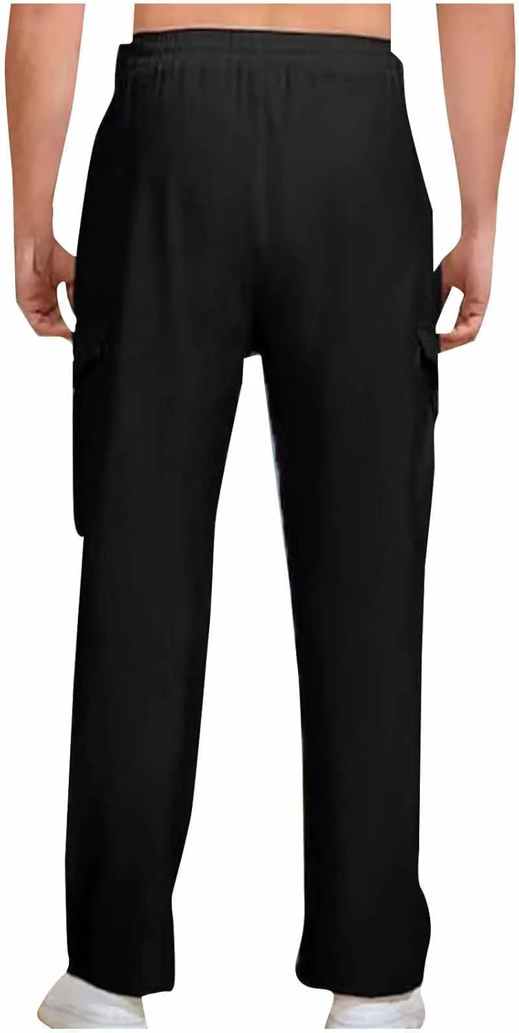 Cargo Pants for Men Plus Size Solid Light Outdoor Hiking Pant Elastic Waist Drawstring Trousers with Multi Pockets