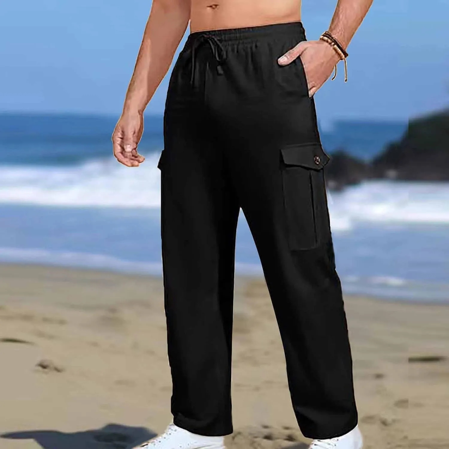 Cargo Pants for Men Plus Size Solid Light Outdoor Hiking Pant Elastic Waist Drawstring Trousers with Multi Pockets