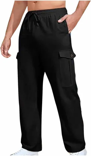 Cargo Pants for Men Plus Size Solid Light Outdoor Hiking Pant Elastic Waist Drawstring Trousers with Multi Pockets