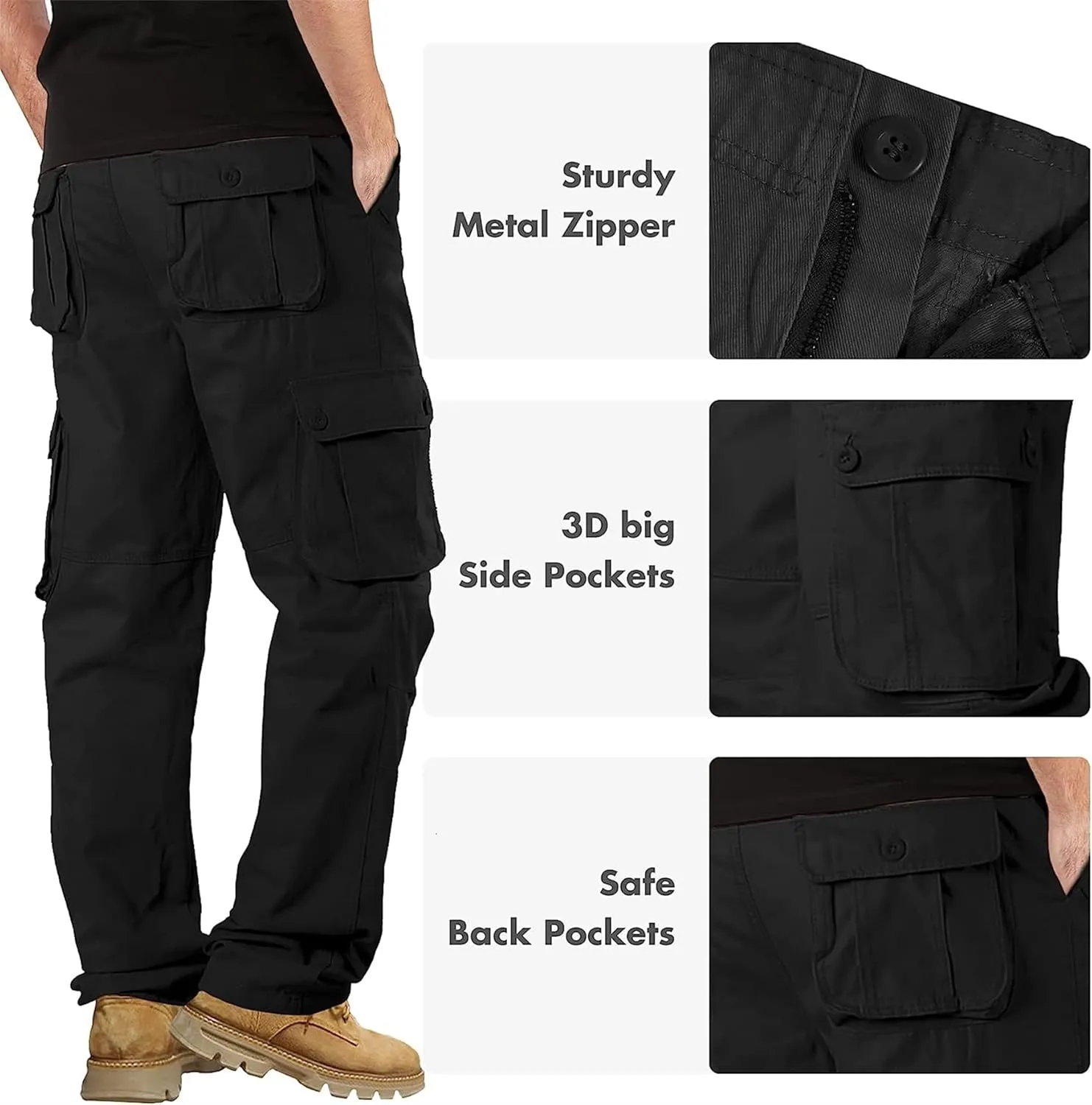 Cargo Pants for Men Relaxed Fit Casual Work Trousers Cotton Hiking Tactical Pants with 6 Pockets (38,Black)