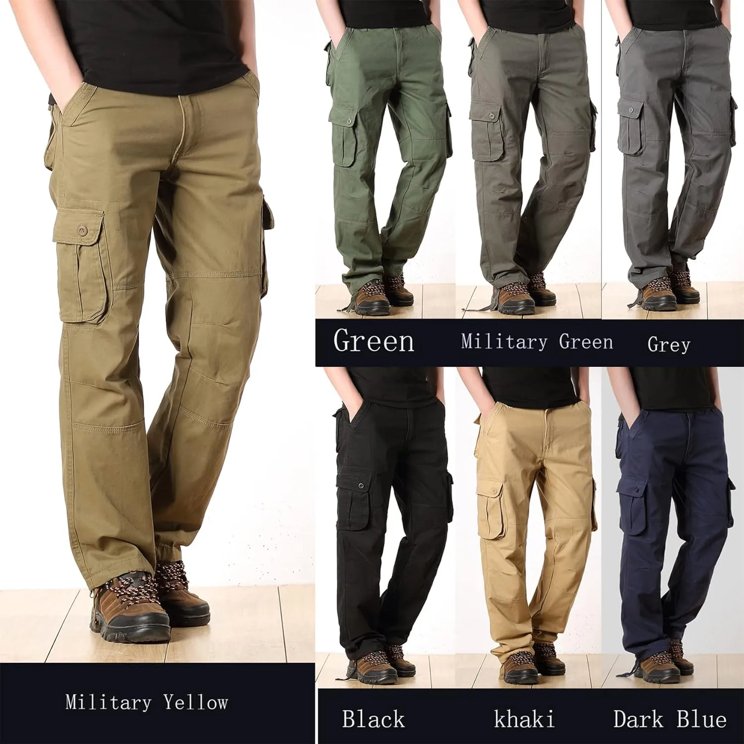 Cargo Pants for Men Relaxed Fit Casual Work Trousers Cotton Hiking Tactical Pants with 6 Pockets (38,Black)
