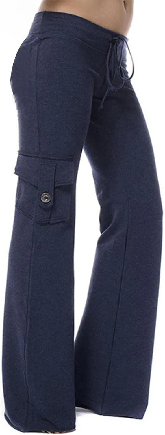 Cargo Pants Women Flare Leg Workout Pants Plus Size Yoga Pants with Pockets Drawstring High Waist Pants Casual Trouser