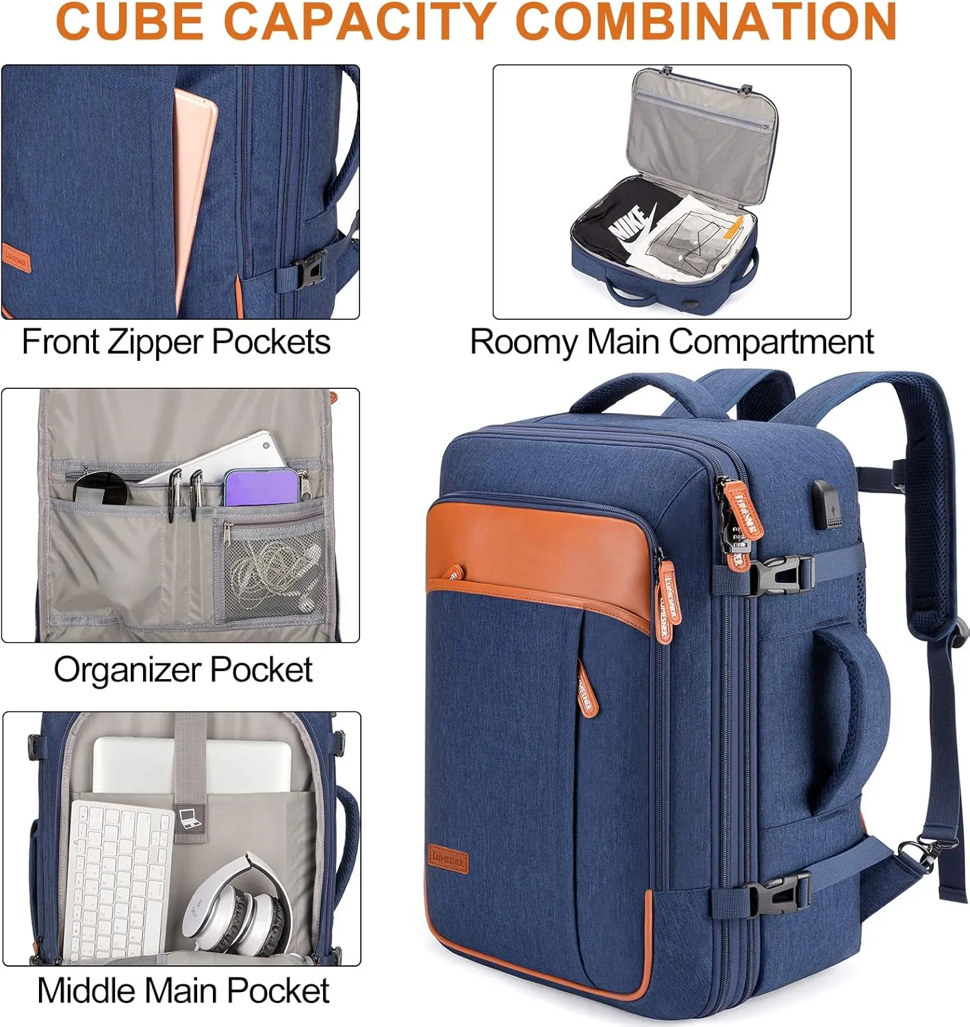 Carry on Travel Backpacks, Extra Large 40L Flight Approved for Men & Women,Expandable Suitcase With 4 Packing Cubes,Water Resistant Luggage Daypack Business Weekender Bag,Blue