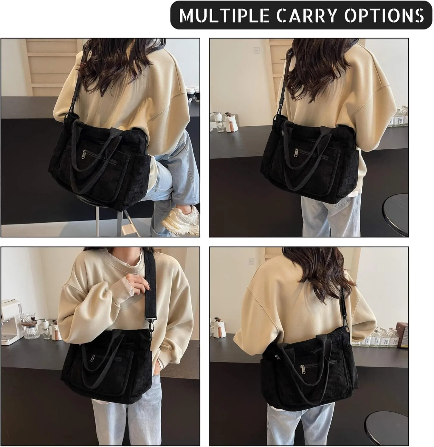 Casual Corduroy Tote Bag with Multiple Pockets, Lightweight Womens Satchel Handbag for Daily Use Work Travel