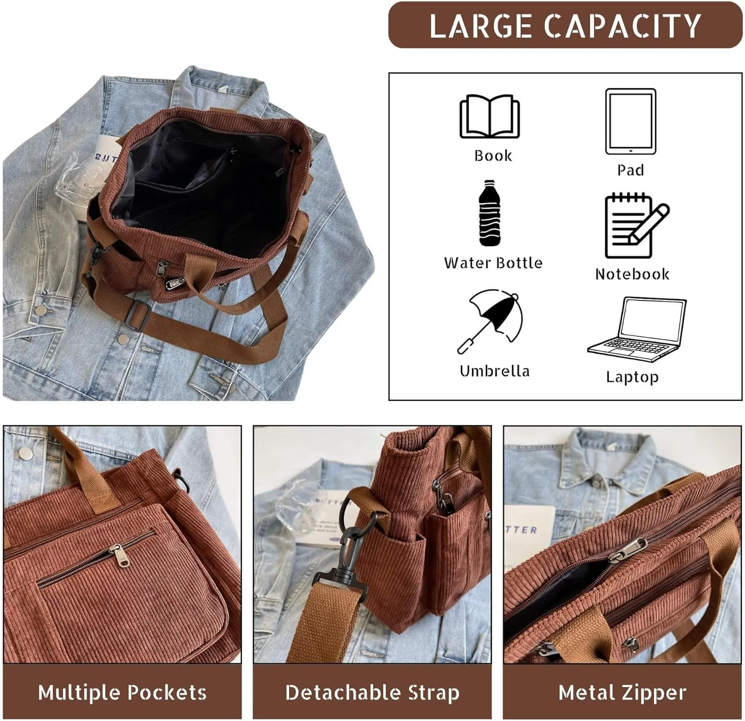 Casual Corduroy Tote Bag with Multiple Pockets, Lightweight Womens Satchel Handbag for Daily Use Work Travel