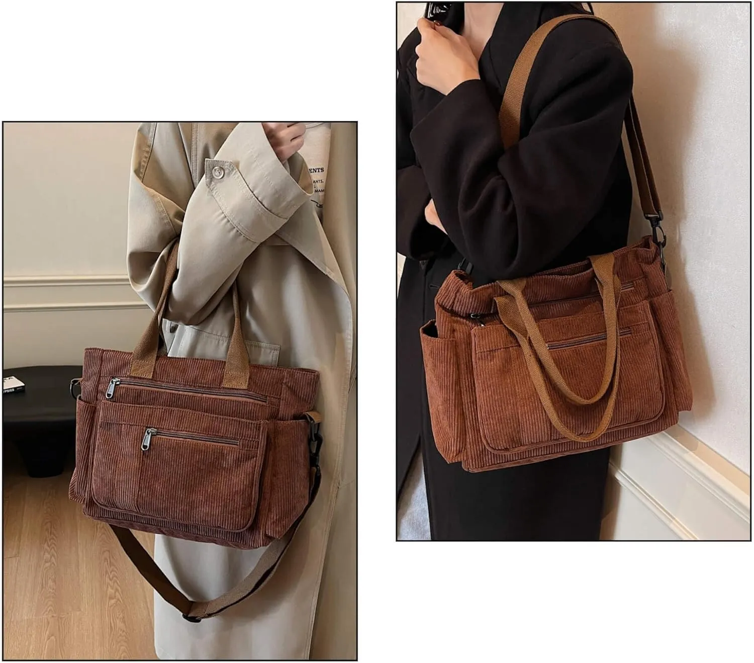 Casual Corduroy Tote Bag with Multiple Pockets, Lightweight Womens Satchel Handbag for Daily Use Work Travel