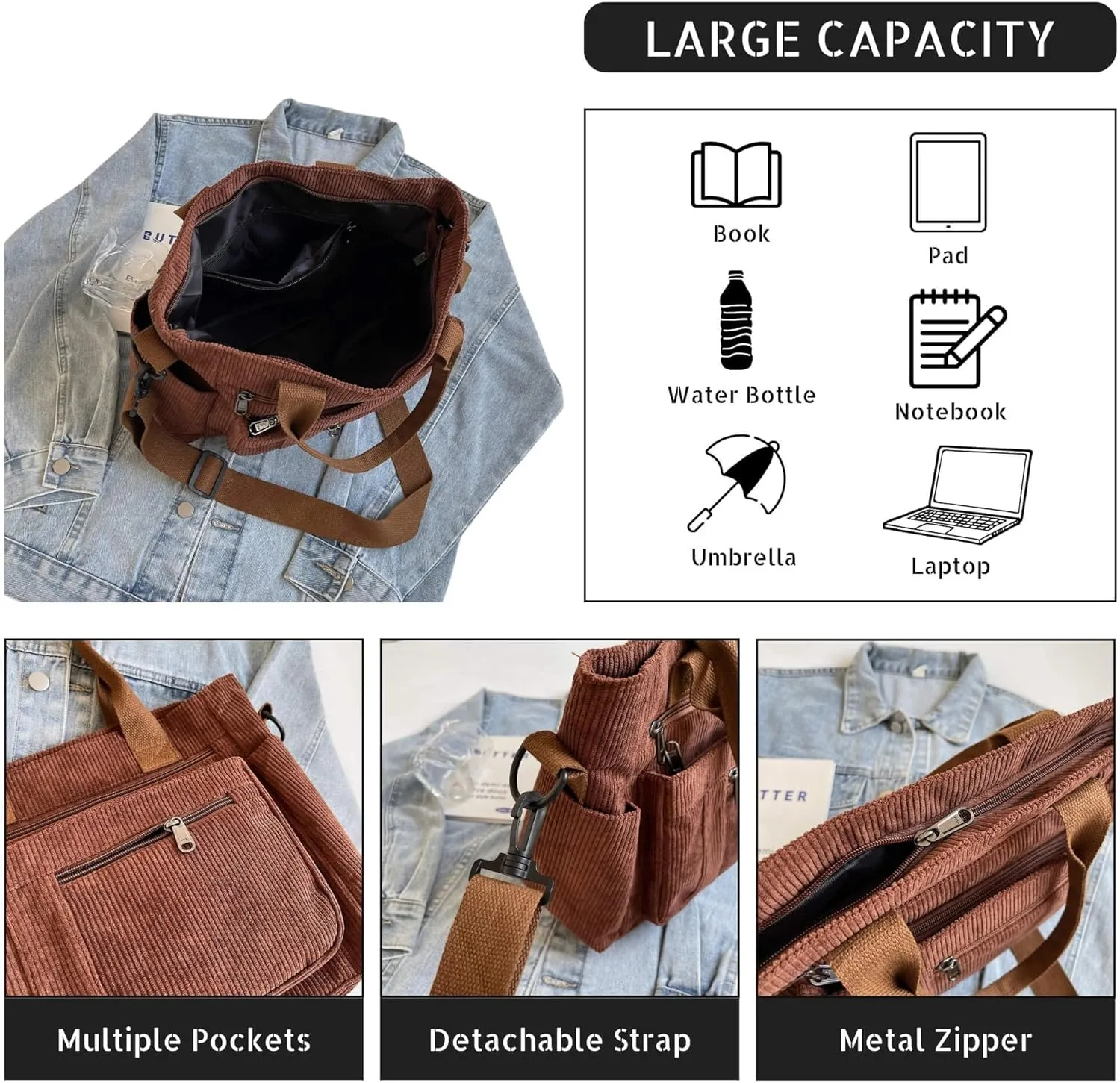 Casual Corduroy Tote Bag with Multiple Pockets, Lightweight Womens Satchel Handbag for Daily Use Work Travel