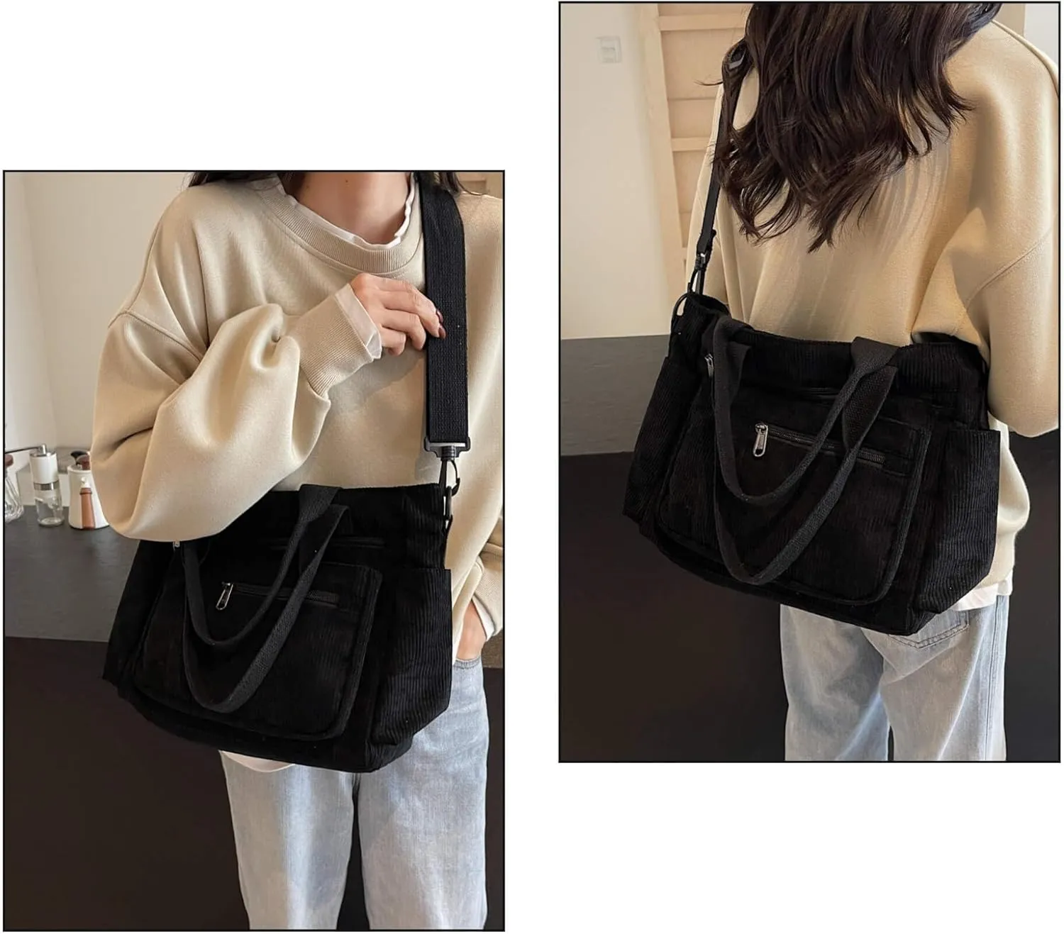 Casual Corduroy Tote Bag with Multiple Pockets, Lightweight Womens Satchel Handbag for Daily Use Work Travel