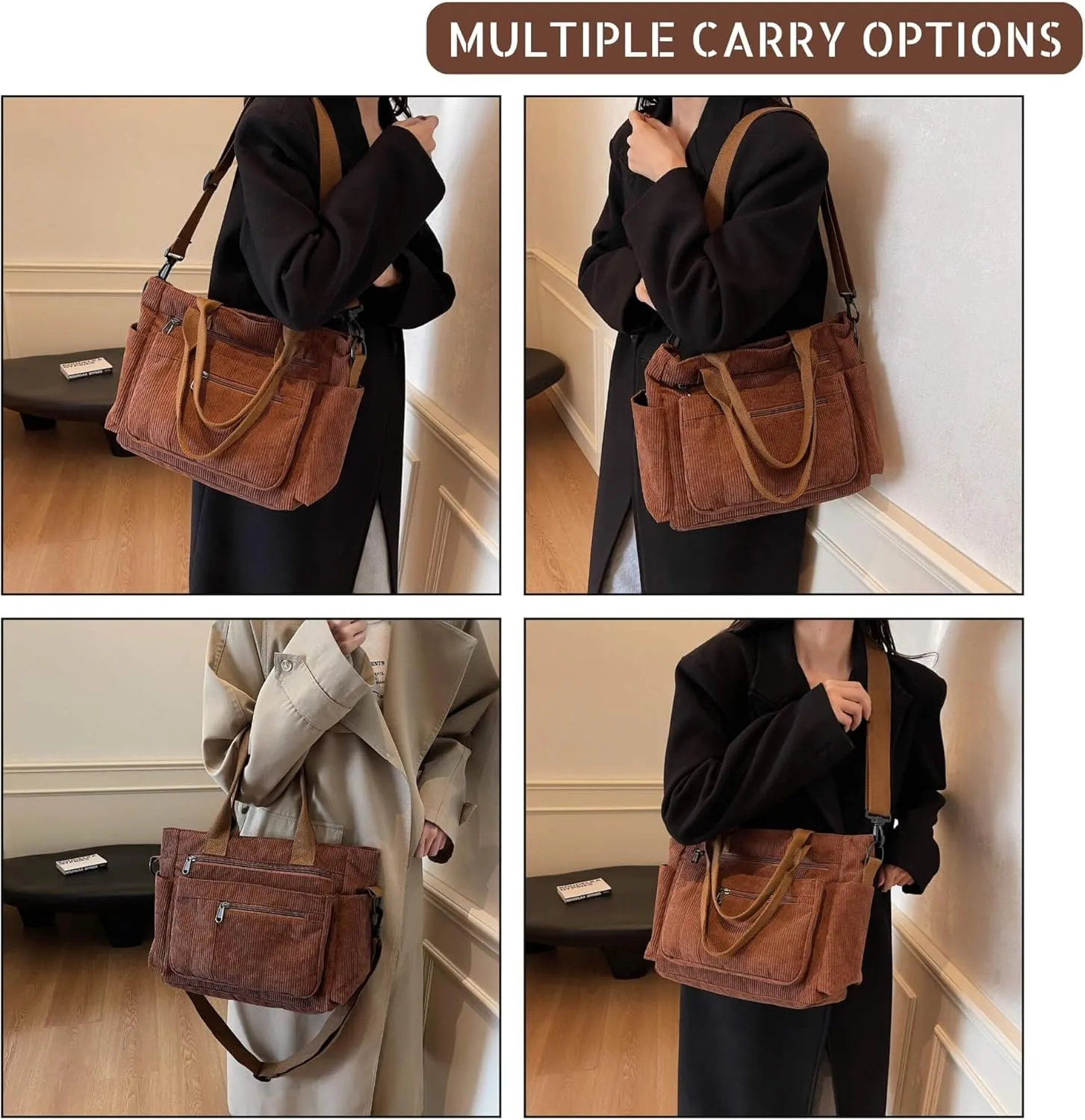 Casual Corduroy Tote Bag with Multiple Pockets, Lightweight Womens Satchel Handbag for Daily Use Work Travel