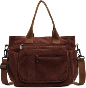 Casual Corduroy Tote Bag with Multiple Pockets, Lightweight Womens Satchel Handbag for Daily Use Work Travel