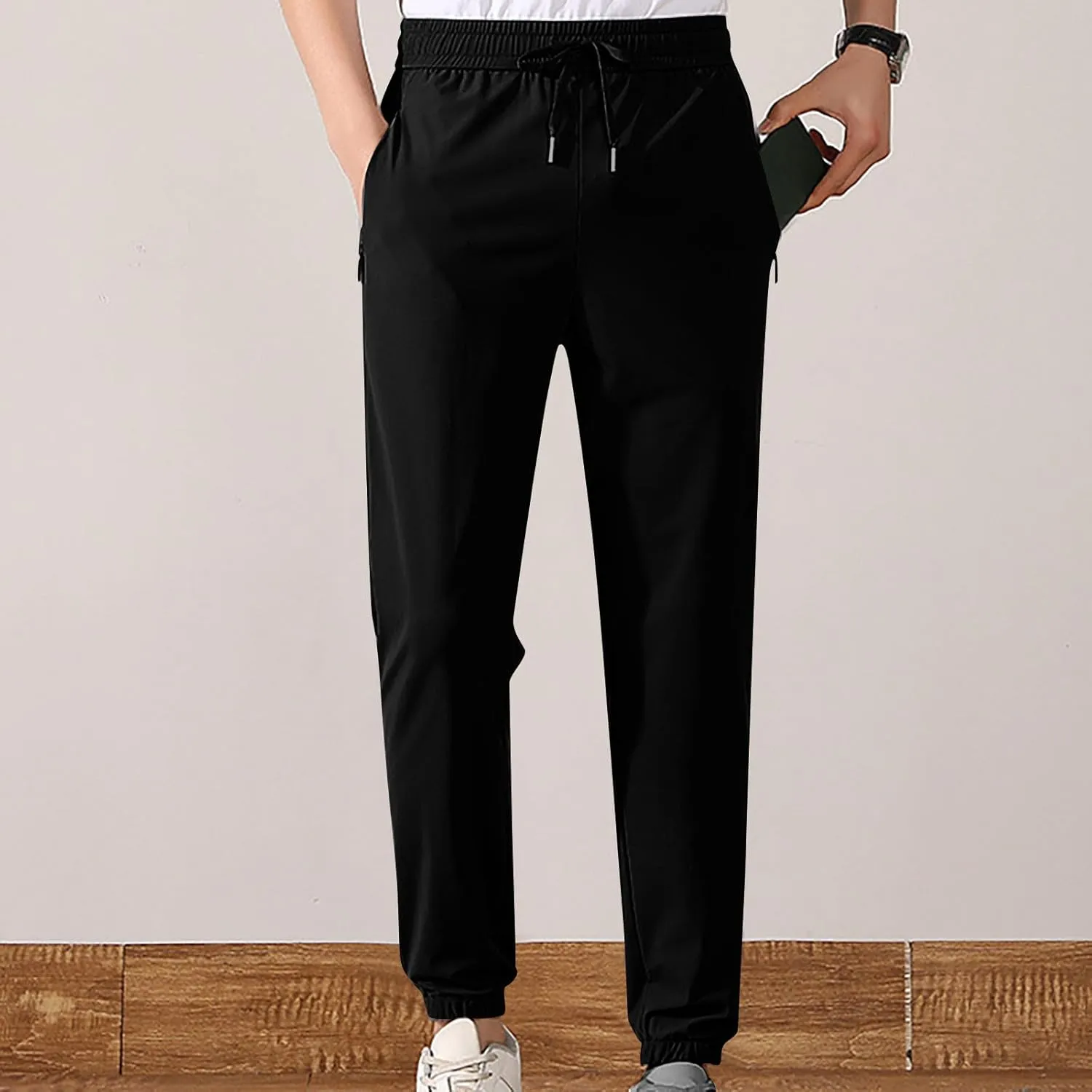 Casual Light Pants Men Belted Foot Pants Solid Sport Pants Relaxed Elastic Waist Pants Breathable Cool Pants
