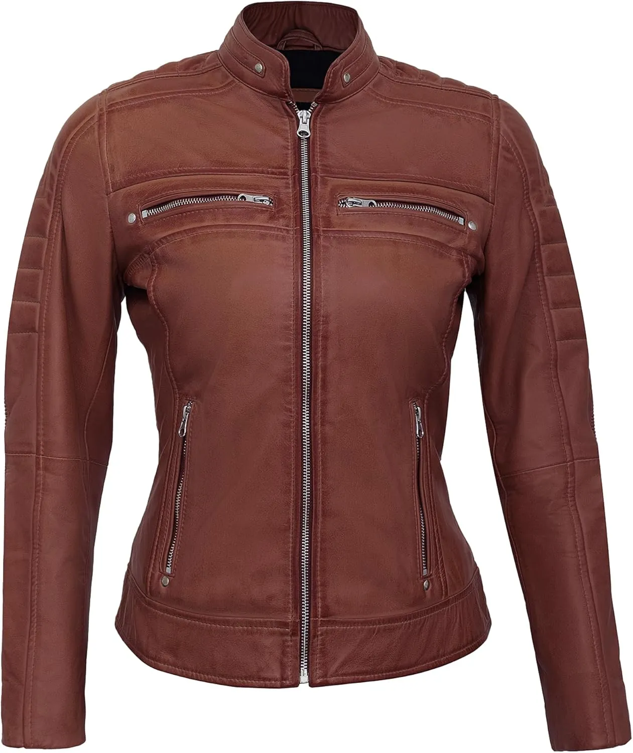 Casual Outerwear Real Lambskin Motorcycle Jacket Women - Classic Biker Style Euro Collar Womens Leather Jacket