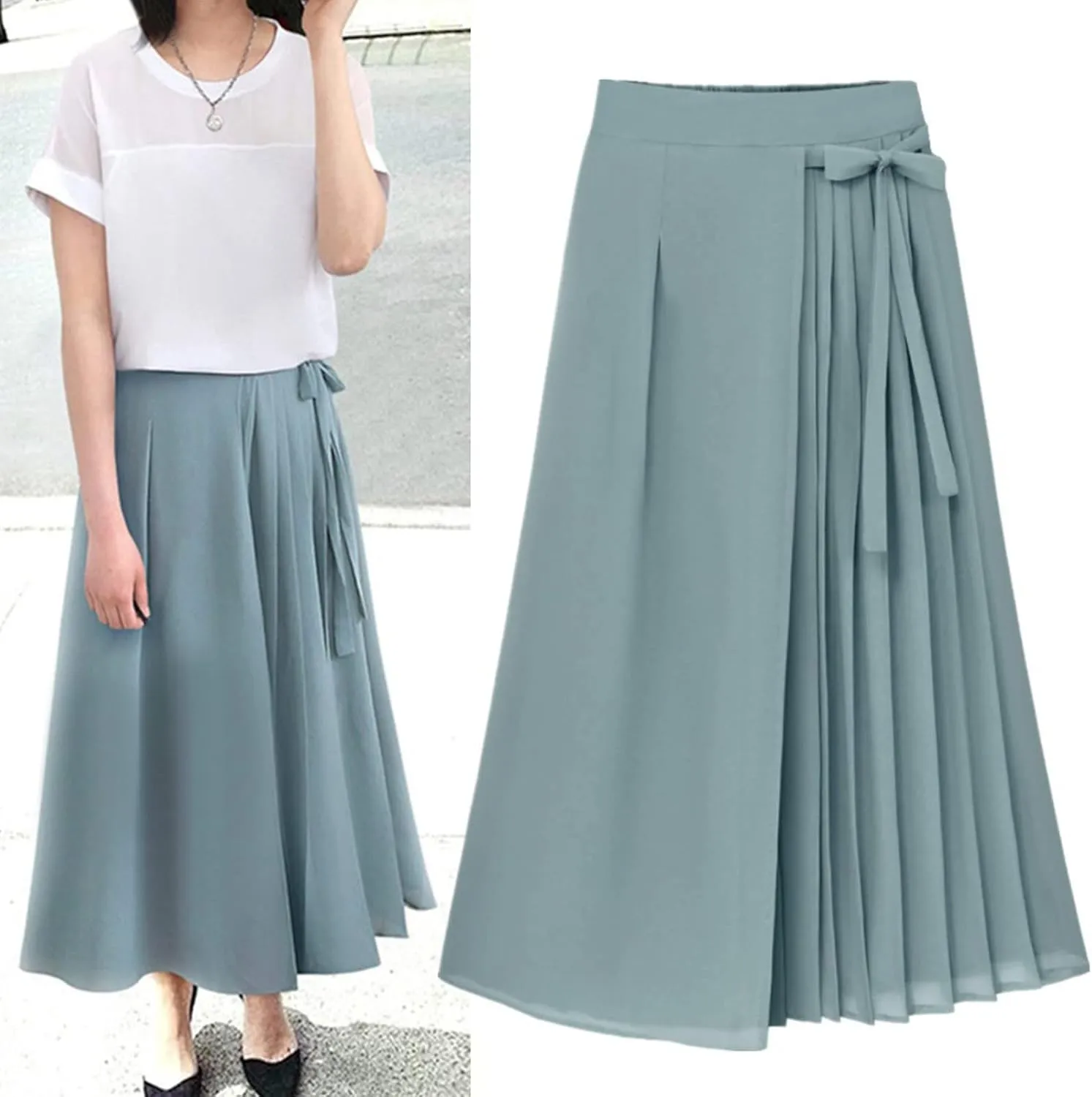 Casual Pants Skirts for Women Chiffon Pleated Elastic High Waist Wide Leg Lightweight Breathable Vacation Trousers