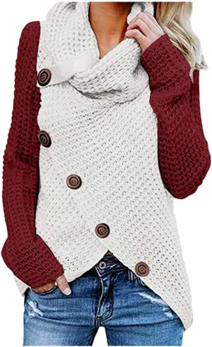 Casual Turtle Cowl Neck Asymmetric Hem Wrap Pullover Oversized Chunky Knitted Sweater Tops