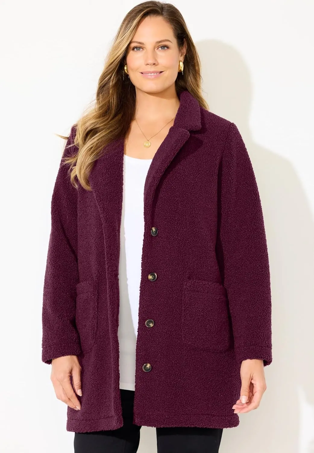 Catherines Women's Plus Size Teddy Bear Sherpa Trench Coat