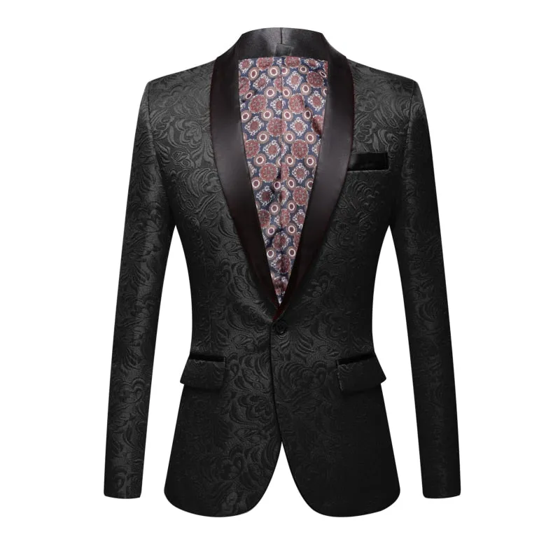 CGSUITS Men's Fashion Luxury Style Jacquard Black & Black Tuxedo Blazer Suit Jacket