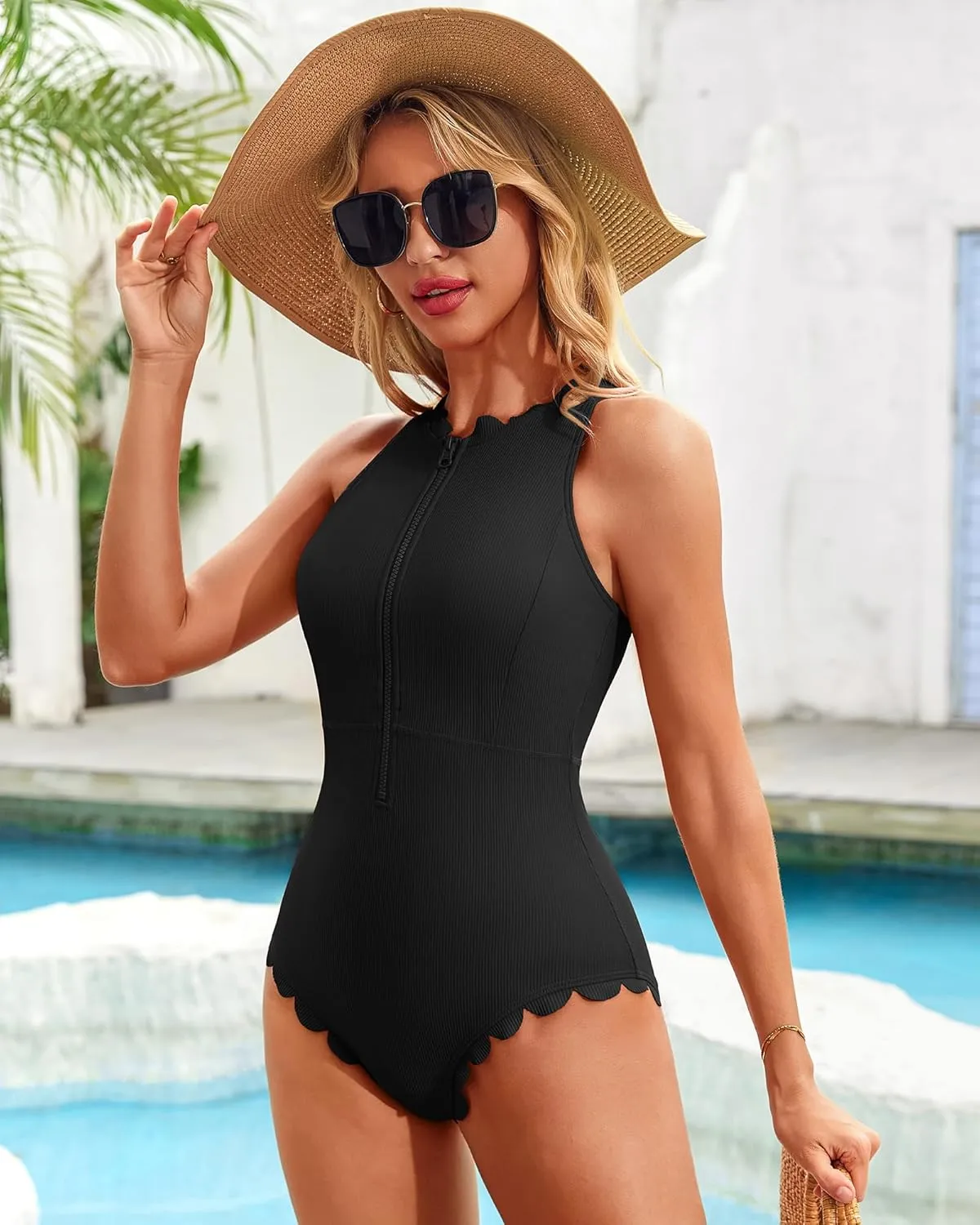 Charmo Scalloped Ribbed One Piece Swimsuit Zipper Racerback Bathing Suit Athletic Swimwear