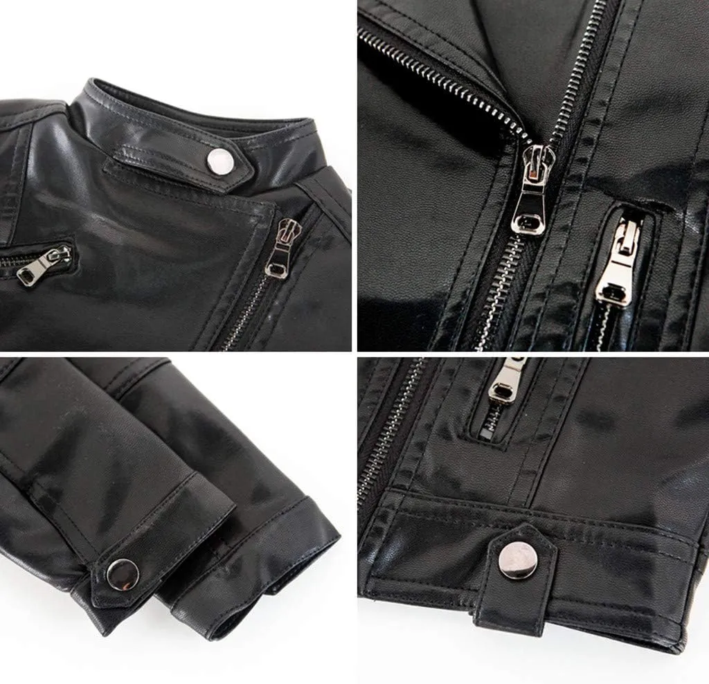 Children's Jacket Girl Boy Motorcycle Jacket Kid Outwear Solid Color Zipper Crop Coat Winter Coat Leather Windbreaker