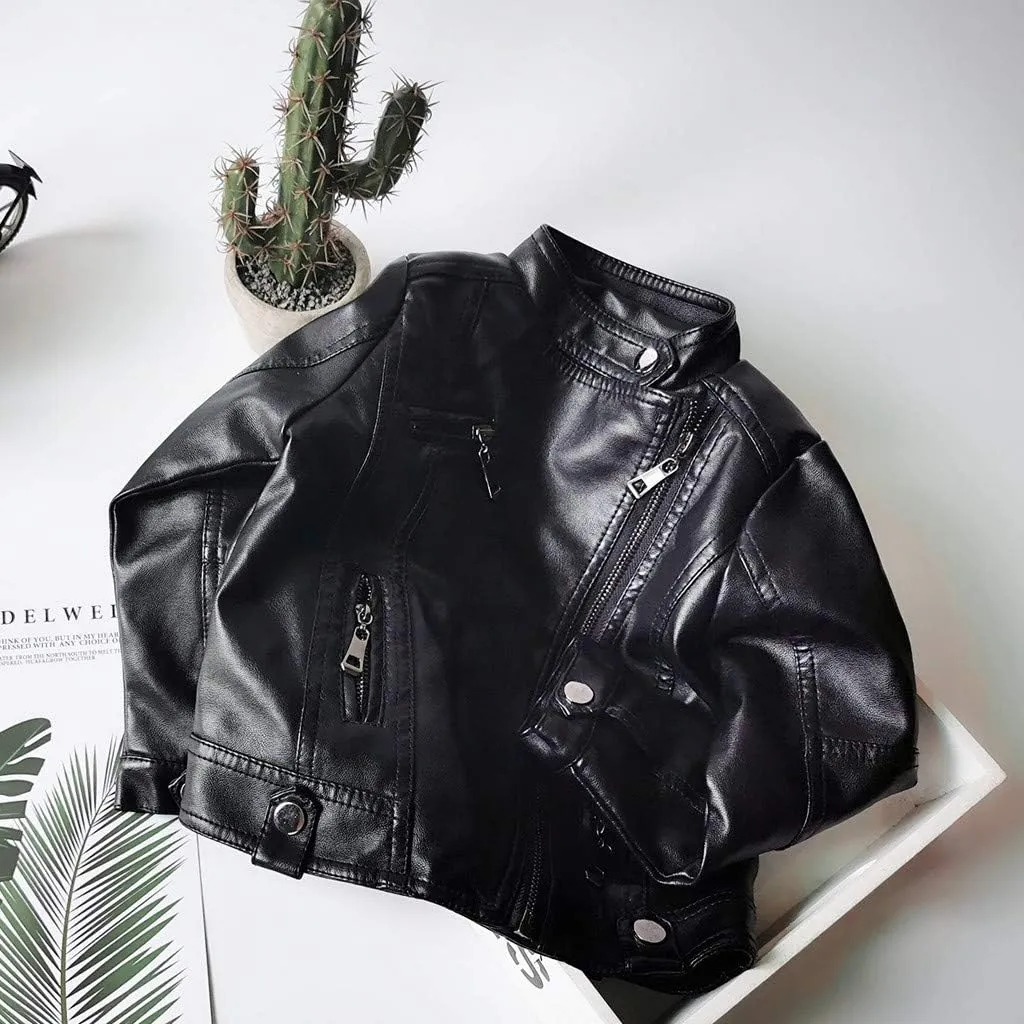 Children's Jacket Girl Boy Motorcycle Jacket Kid Outwear Solid Color Zipper Crop Coat Winter Coat Leather Windbreaker