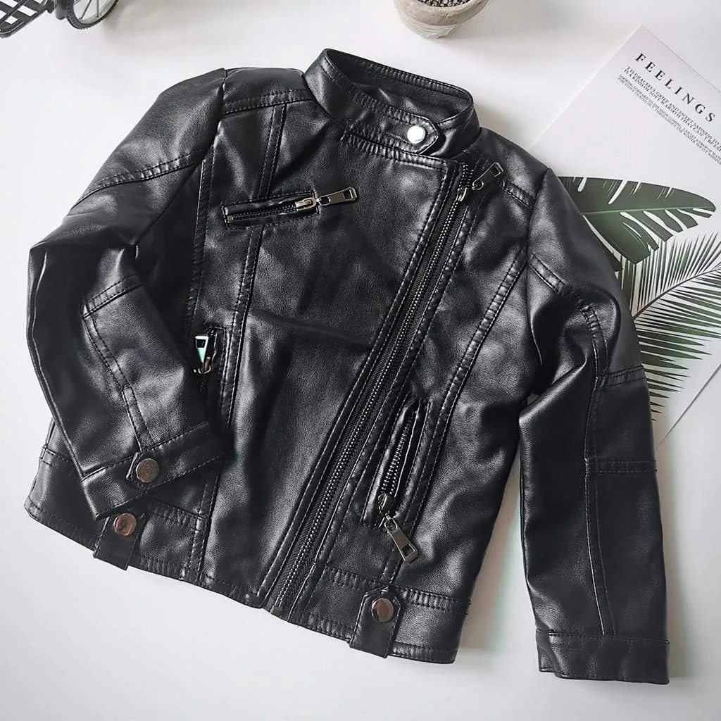 Children's Jacket Girl Boy Motorcycle Jacket Kid Outwear Solid Color Zipper Crop Coat Winter Coat Leather Windbreaker