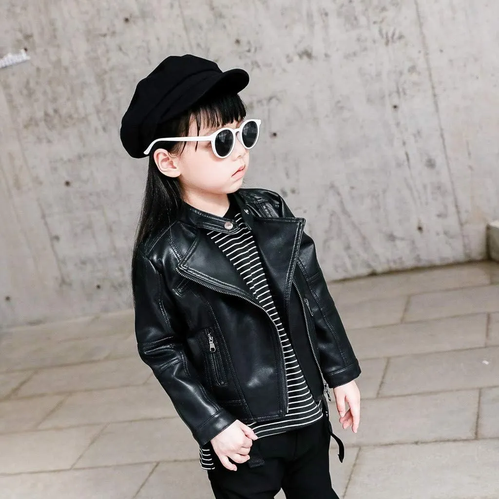 Children's Jacket Girl Boy Motorcycle Jacket Kid Outwear Solid Color Zipper Crop Coat Winter Coat Leather Windbreaker