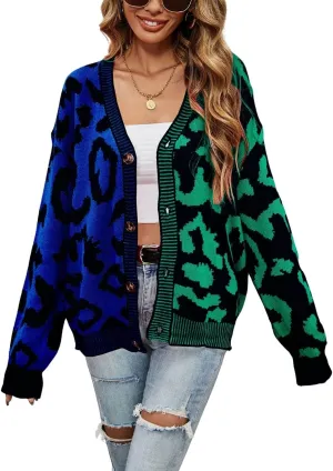 chouyatou Women's Color Block Leopard Print Button Down Long Sleeve Cardigan Sweaters