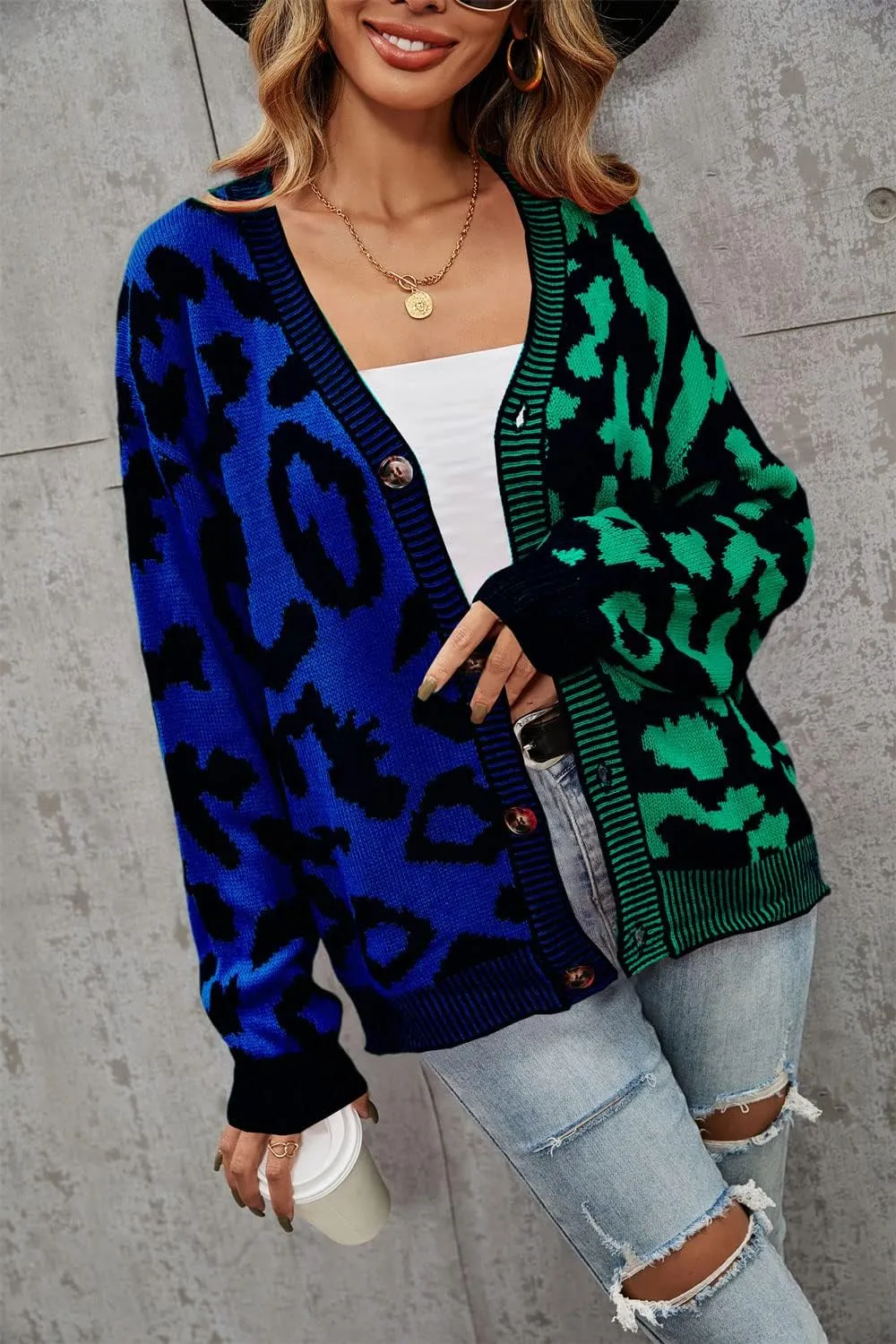 chouyatou Women's Color Block Leopard Print Button Down Long Sleeve Cardigan Sweaters
