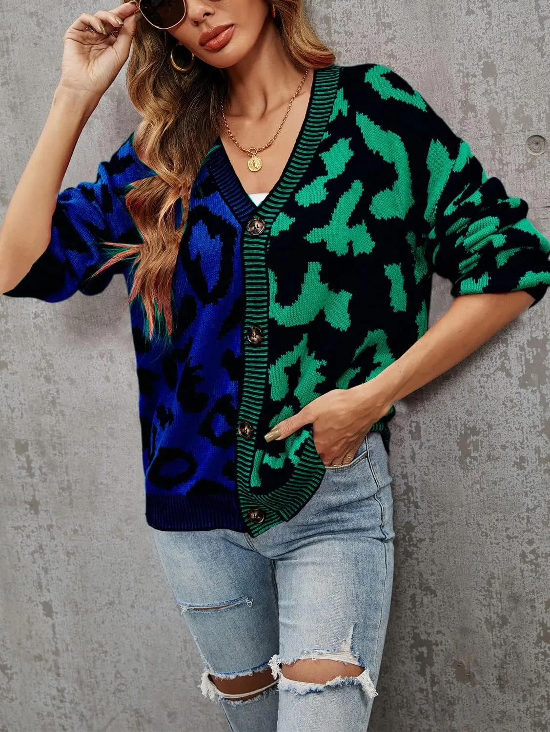 chouyatou Women's Color Block Leopard Print Button Down Long Sleeve Cardigan Sweaters