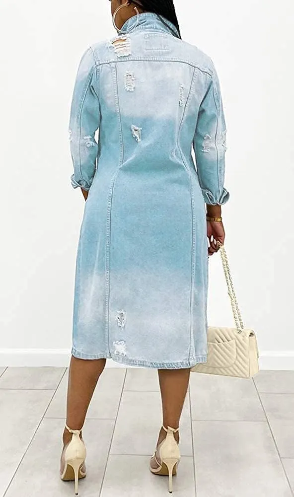 chouyatou Women's Distressed Hole Over Knee Midi Long Denim Jacket Trench Coat