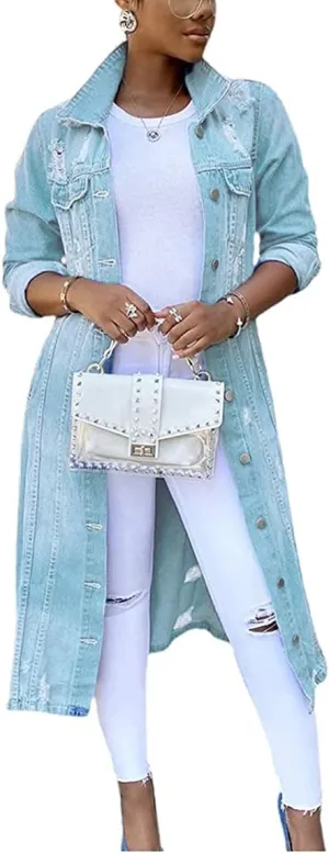 chouyatou Women's Distressed Hole Over Knee Midi Long Denim Jacket Trench Coat