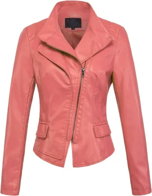 chouyatou Women's Stylish Oblique Zip Slim Faux Leather Biker Outerwear Jacket