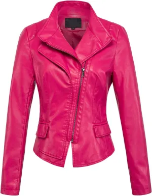 chouyatou Women's Stylish Oblique Zip Slim Faux Leather Biker Outerwear Jacket