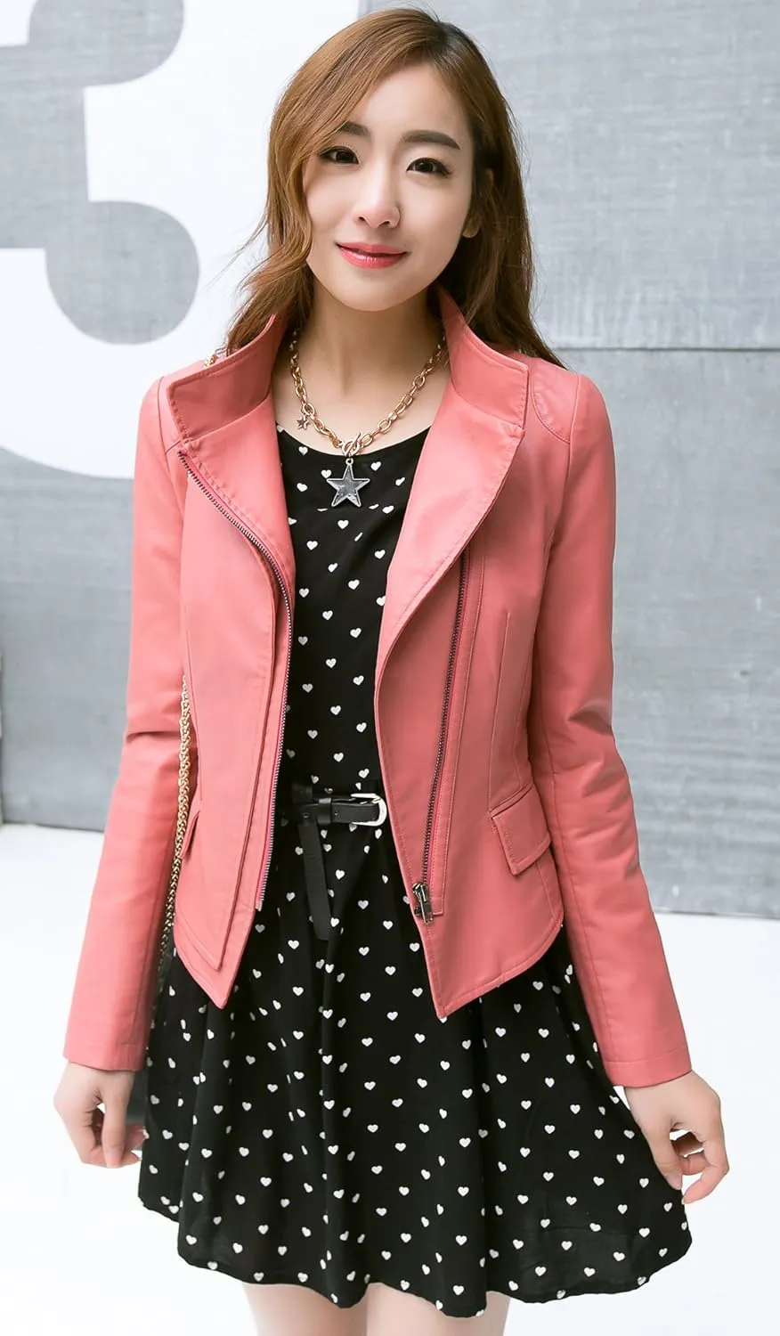 chouyatou Women's Stylish Oblique Zip Slim Faux Leather Biker Outerwear Jacket