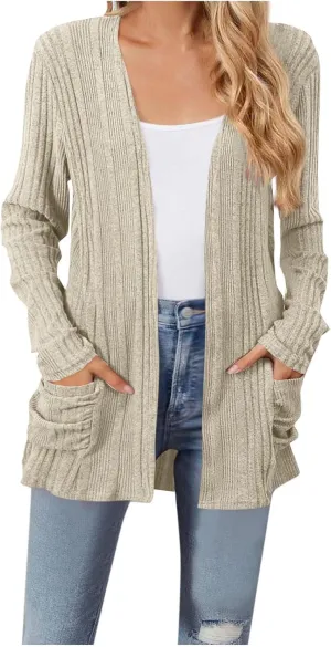 Chunky Cardigan Sweaters for Women Lightweight Open Front Knitted Cardigan Long Sleeve Outwear Coat with Pockets