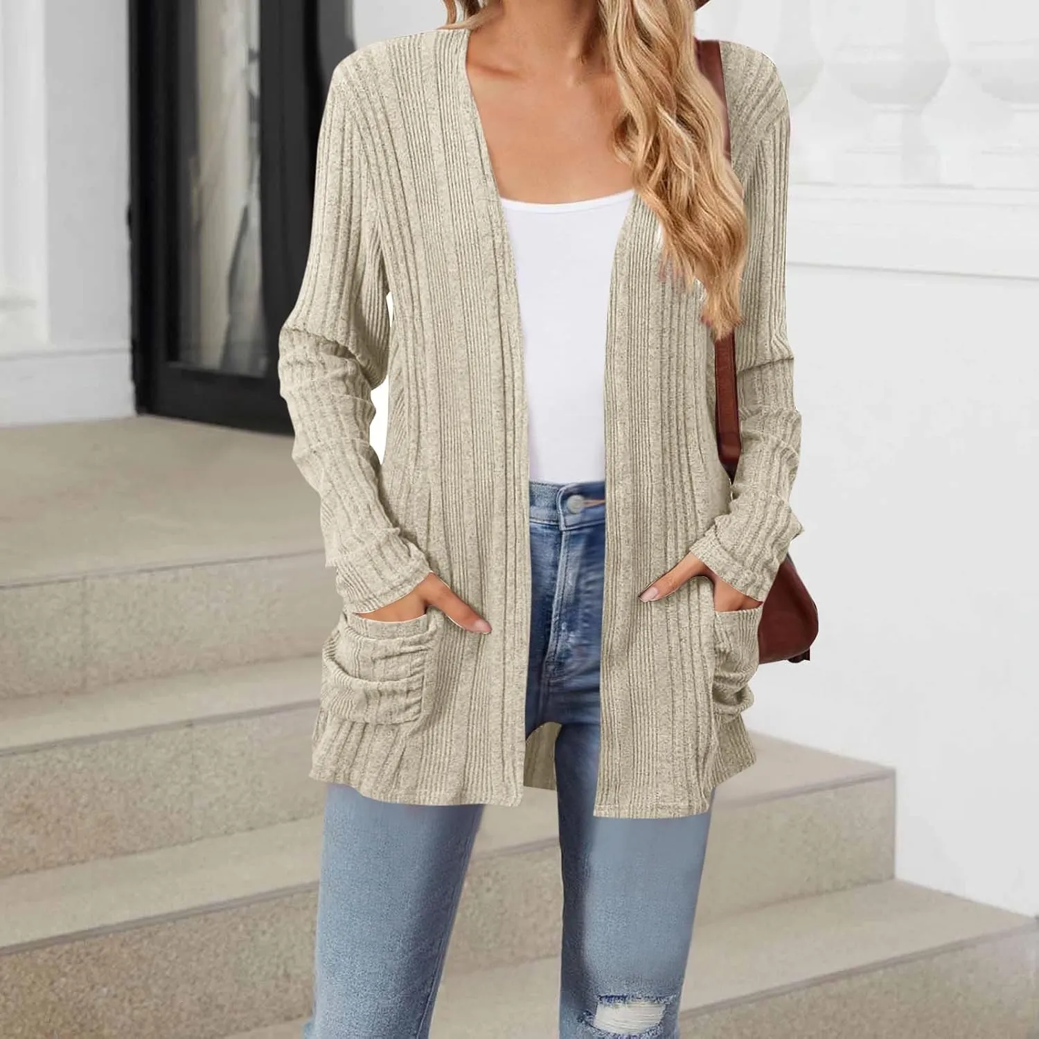 Chunky Cardigan Sweaters for Women Lightweight Open Front Knitted Cardigan Long Sleeve Outwear Coat with Pockets