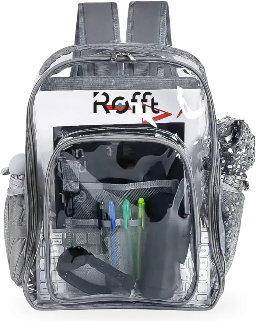 clear backpack heavy duty reinforced straps multiple pockets large capacity, transparent bag see through (Grey, Large)