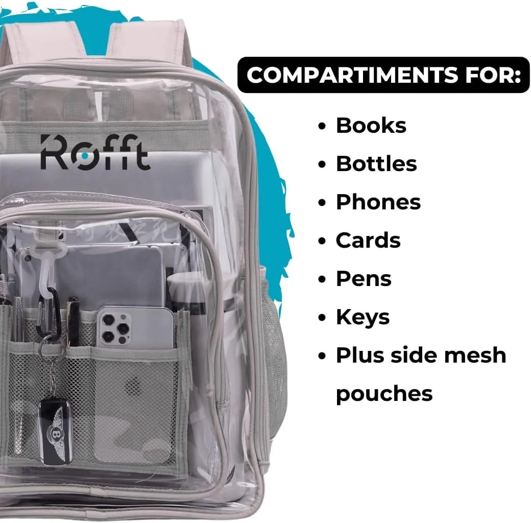 clear backpack heavy duty reinforced straps multiple pockets large capacity, transparent bag see through (Grey, Large)