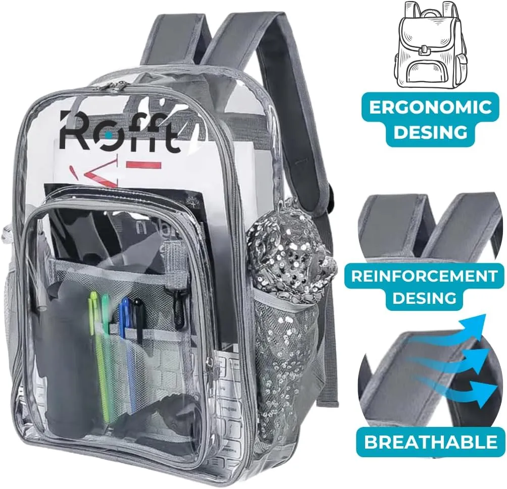 clear backpack heavy duty reinforced straps multiple pockets large capacity, transparent bag see through (Grey, Large)