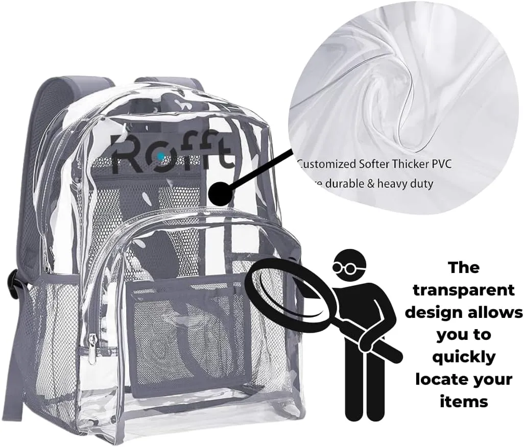 clear backpack heavy duty reinforced straps multiple pockets large capacity, transparent bag see through (Grey, Large)