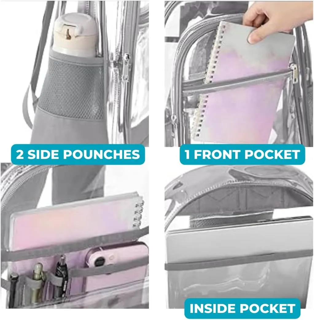 clear backpack heavy duty reinforced straps multiple pockets large capacity, transparent bag see through (Grey, Large)